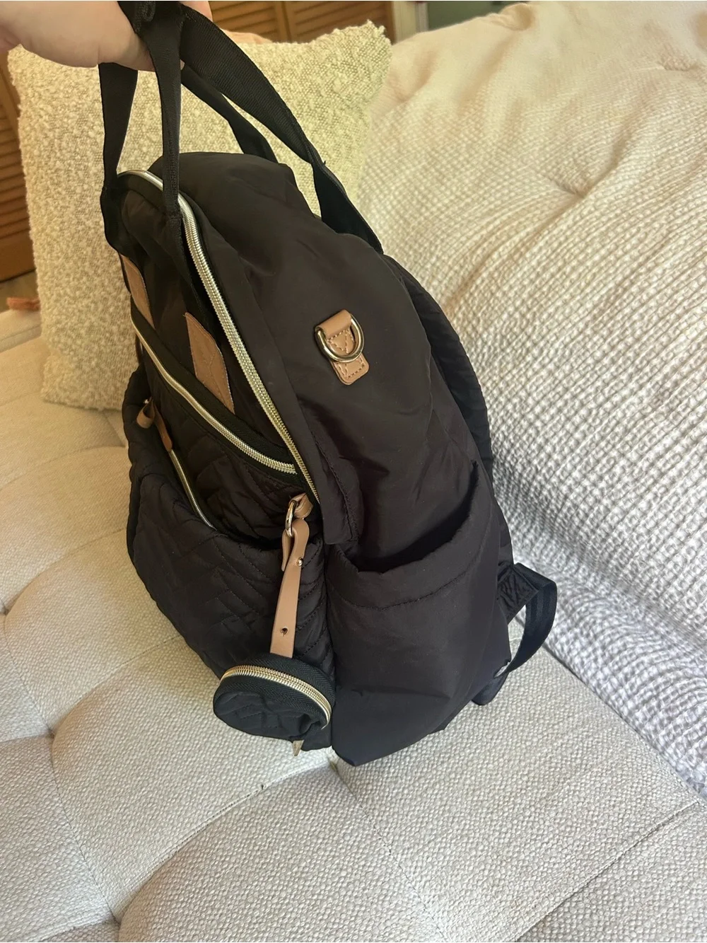 Skip Hop 6 in 1 Black Quilted Diaper Backpack with Tan Trim and Accessories